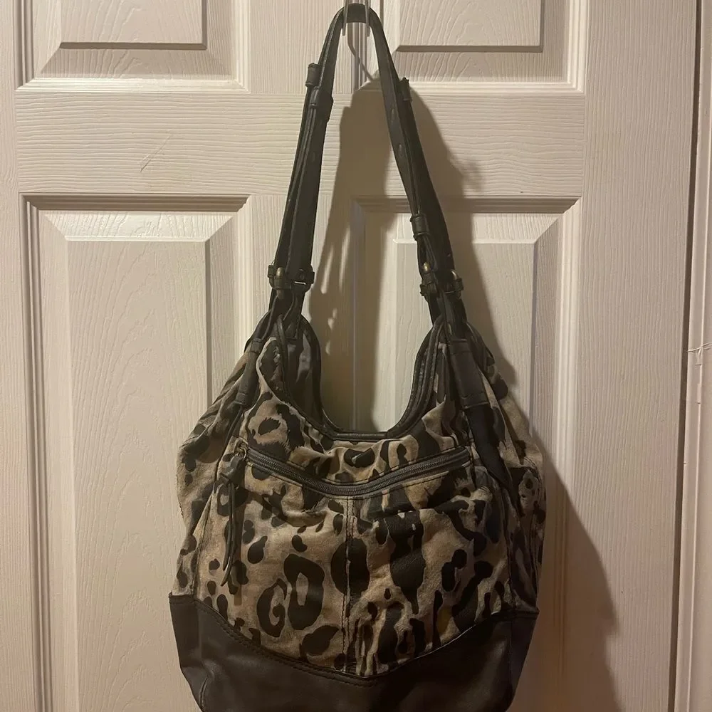 a.n.a Leopard Print 100%Pig skin dark gray faux leather trim hobo Bag